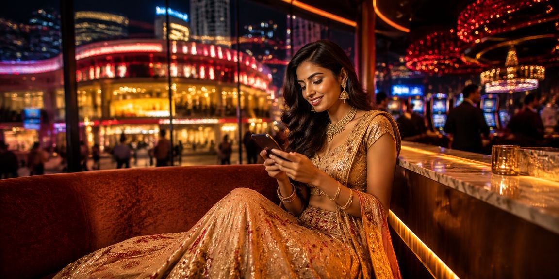 Young woman playing slots on mobile device in Delhi