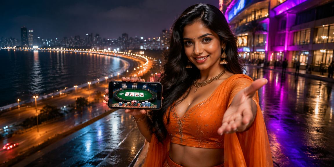 Mumbai Marine Drive poker game neon lights scene representing online gaming entertainment